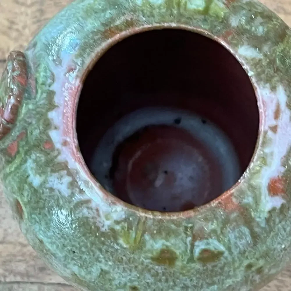 Art Studio Pottery Stamped Flower Vase 6.5 in Green & Pink Drip Glaze